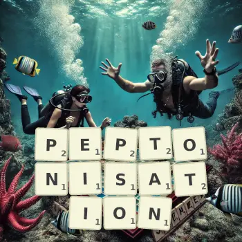 Illustration créative d'un jeu de lettres avec le mot PEPTONISATION épelé sur le plateau.