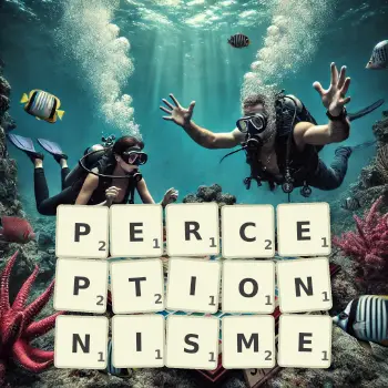 Illustration créative d'un jeu de lettres avec le mot PERCEPTIONNISME épelé sur le plateau.