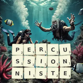 Illustration créative d'un jeu de lettres avec le mot PERCUSSIONNISTE épelé sur le plateau.