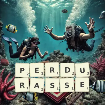 Illustration créative d'un jeu de lettres avec le mot PERDURASSE épelé sur le plateau.