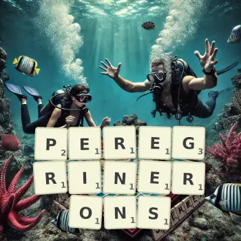 Illustration créative d'un jeu de lettres avec le mot PEREGRINERONS épelé sur le plateau.