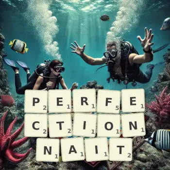 Illustration créative d'un jeu de lettres avec le mot PERFECTIONNAIT épelé sur le plateau.