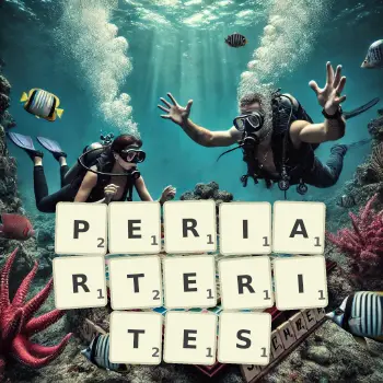 Illustration créative d'un jeu de lettres avec le mot PERIARTERITES épelé sur le plateau.