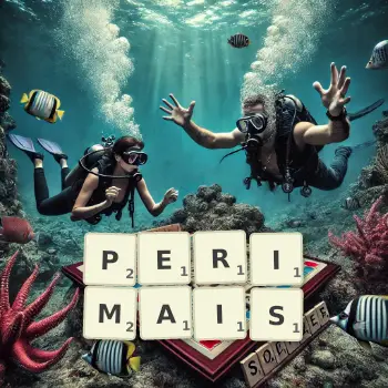 Illustration créative d'un jeu de lettres avec le mot PERIMAIS épelé sur le plateau.