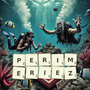 Illustration créative d'un jeu de lettres avec le mot PERIMERIEZ épelé sur le plateau.