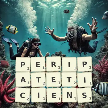 Illustration créative d'un jeu de lettres avec le mot PERIPATETICIENS épelé sur le plateau.