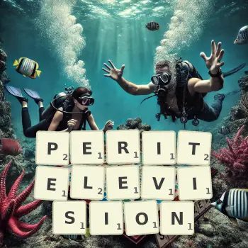 Illustration créative d'un jeu de lettres avec le mot PERITELEVISION épelé sur le plateau.