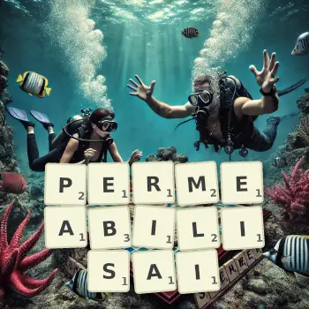 Illustration créative d'un jeu de lettres avec le mot PERMEABILISAI épelé sur le plateau.