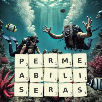 Illustration créative d'un jeu de lettres avec le mot PERMEABILISERAS épelé sur le plateau.
