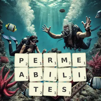 Illustration créative d'un jeu de lettres avec le mot PERMEABILITES épelé sur le plateau.