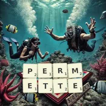 Illustration créative d'un jeu de lettres avec le mot PERMETTE épelé sur le plateau.