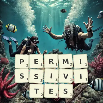 Illustration créative d'un jeu de lettres avec le mot PERMISSIVITES épelé sur le plateau.
