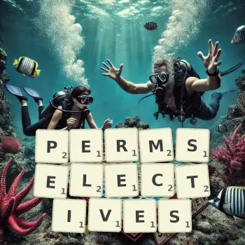 Illustration créative d'un jeu de lettres avec le mot PERMSELECTIVES épelé sur le plateau.