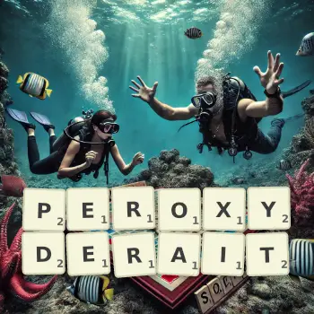 Illustration créative d'un jeu de lettres avec le mot PEROXYDERAIT épelé sur le plateau.