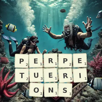 Illustration créative d'un jeu de lettres avec le mot PERPETUERIONS épelé sur le plateau.