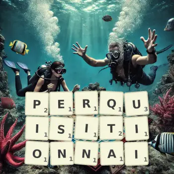 Illustration créative d'un jeu de lettres avec le mot PERQUISITIONNAI épelé sur le plateau.