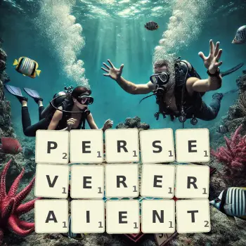 Illustration créative d'un jeu de lettres avec le mot PERSEVERERAIENT épelé sur le plateau.