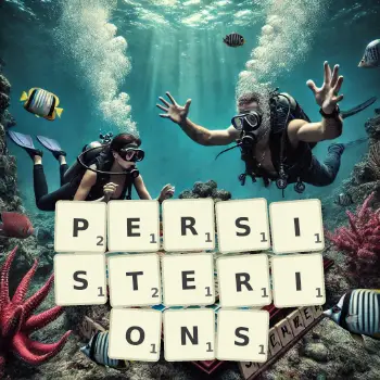 Illustration créative d'un jeu de lettres avec le mot PERSISTERIONS épelé sur le plateau.