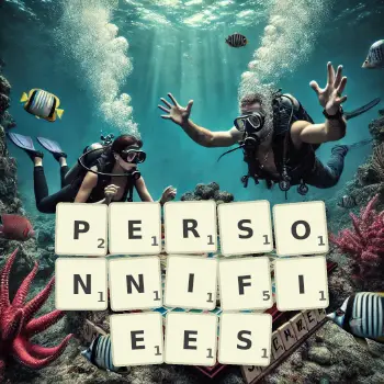 Illustration créative d'un jeu de lettres avec le mot PERSONNIFIEES épelé sur le plateau.