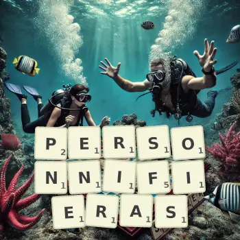Illustration créative d'un jeu de lettres avec le mot PERSONNIFIERAS épelé sur le plateau.