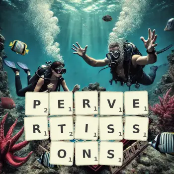 Illustration créative d'un jeu de lettres avec le mot PERVERTISSONS épelé sur le plateau.