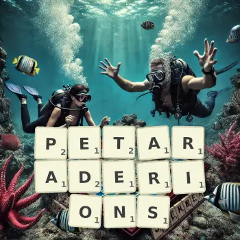 Illustration créative d'un jeu de lettres avec le mot PETARADERIONS épelé sur le plateau.