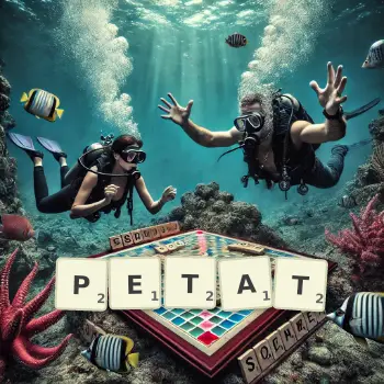 Illustration créative d'un jeu de lettres avec le mot PETAT épelé sur le plateau.