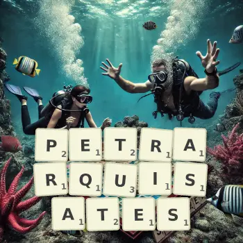 Illustration créative d'un jeu de lettres avec le mot PETRARQUISATES épelé sur le plateau.