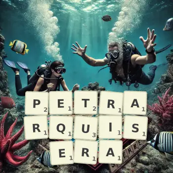 Illustration créative d'un jeu de lettres avec le mot PETRARQUISERA épelé sur le plateau.