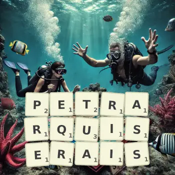 Illustration créative d'un jeu de lettres avec le mot PETRARQUISERAIS épelé sur le plateau.