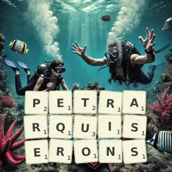 Illustration créative d'un jeu de lettres avec le mot PETRARQUISERONS épelé sur le plateau.