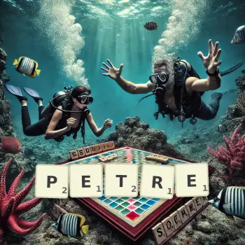 Illustration créative d'un jeu de lettres avec le mot PETRE épelé sur le plateau.