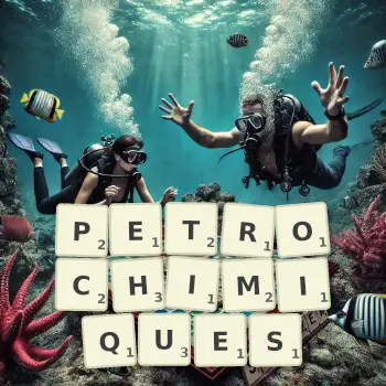 Illustration créative d'un jeu de lettres avec le mot PETROCHIMIQUES épelé sur le plateau.