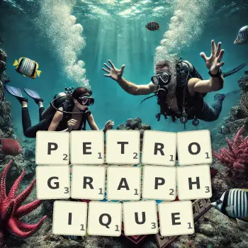 Illustration créative d'un jeu de lettres avec le mot PETROGRAPHIQUE épelé sur le plateau.