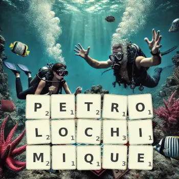 Illustration créative d'un jeu de lettres avec le mot PETROLOCHIMIQUE épelé sur le plateau.