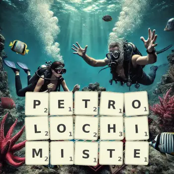 Illustration créative d'un jeu de lettres avec le mot PETROLOCHIMISTE épelé sur le plateau.