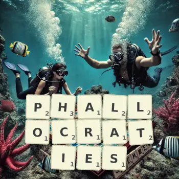 Illustration créative d'un jeu de lettres avec le mot PHALLOCRATIES épelé sur le plateau.