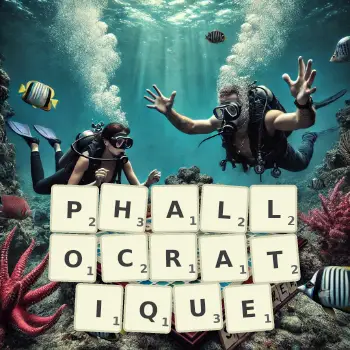 Illustration créative d'un jeu de lettres avec le mot PHALLOCRATIQUE épelé sur le plateau.