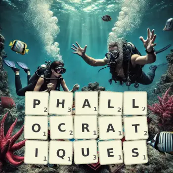 Illustration créative d'un jeu de lettres avec le mot PHALLOCRATIQUES épelé sur le plateau.