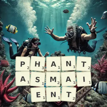 Illustration créative d'un jeu de lettres avec le mot PHANTASMAIENT épelé sur le plateau.