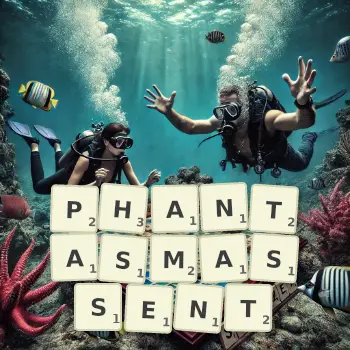 Illustration créative d'un jeu de lettres avec le mot PHANTASMASSENT épelé sur le plateau.