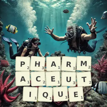 Illustration créative d'un jeu de lettres avec le mot PHARMACEUTIQUE épelé sur le plateau.