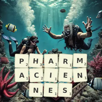 Illustration créative d'un jeu de lettres avec le mot PHARMACIENNES épelé sur le plateau.