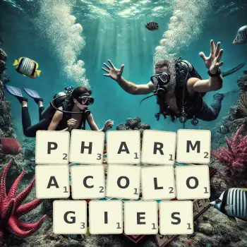 Illustration créative d'un jeu de lettres avec le mot PHARMACOLOGIES épelé sur le plateau.
