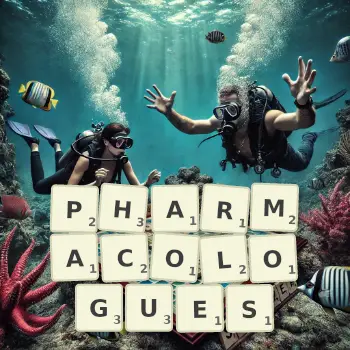 Illustration créative d'un jeu de lettres avec le mot PHARMACOLOGUES épelé sur le plateau.