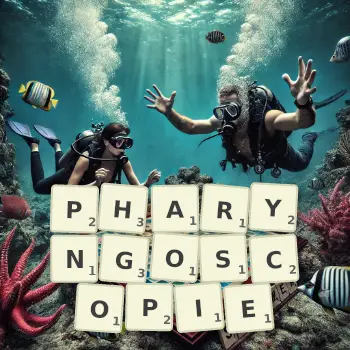 Illustration créative d'un jeu de lettres avec le mot PHARYNGOSCOPIE épelé sur le plateau.