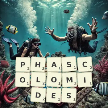 Illustration créative d'un jeu de lettres avec le mot PHASCOLOMIDES épelé sur le plateau.