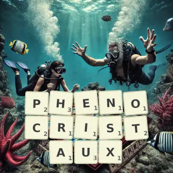 Illustration créative d'un jeu de lettres avec le mot PHENOCRISTAUX épelé sur le plateau.