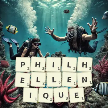 Illustration créative d'un jeu de lettres avec le mot PHILHELLENIQUE épelé sur le plateau.