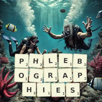 Illustration créative d'un jeu de lettres avec le mot PHLEBOGRAPHIES épelé sur le plateau.